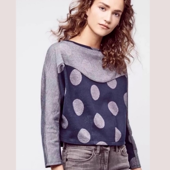 Anthropologie Tops - Anthropologie Postmark Silver Dot Navy Blue Crop Sparkle Sweatshirt Size M